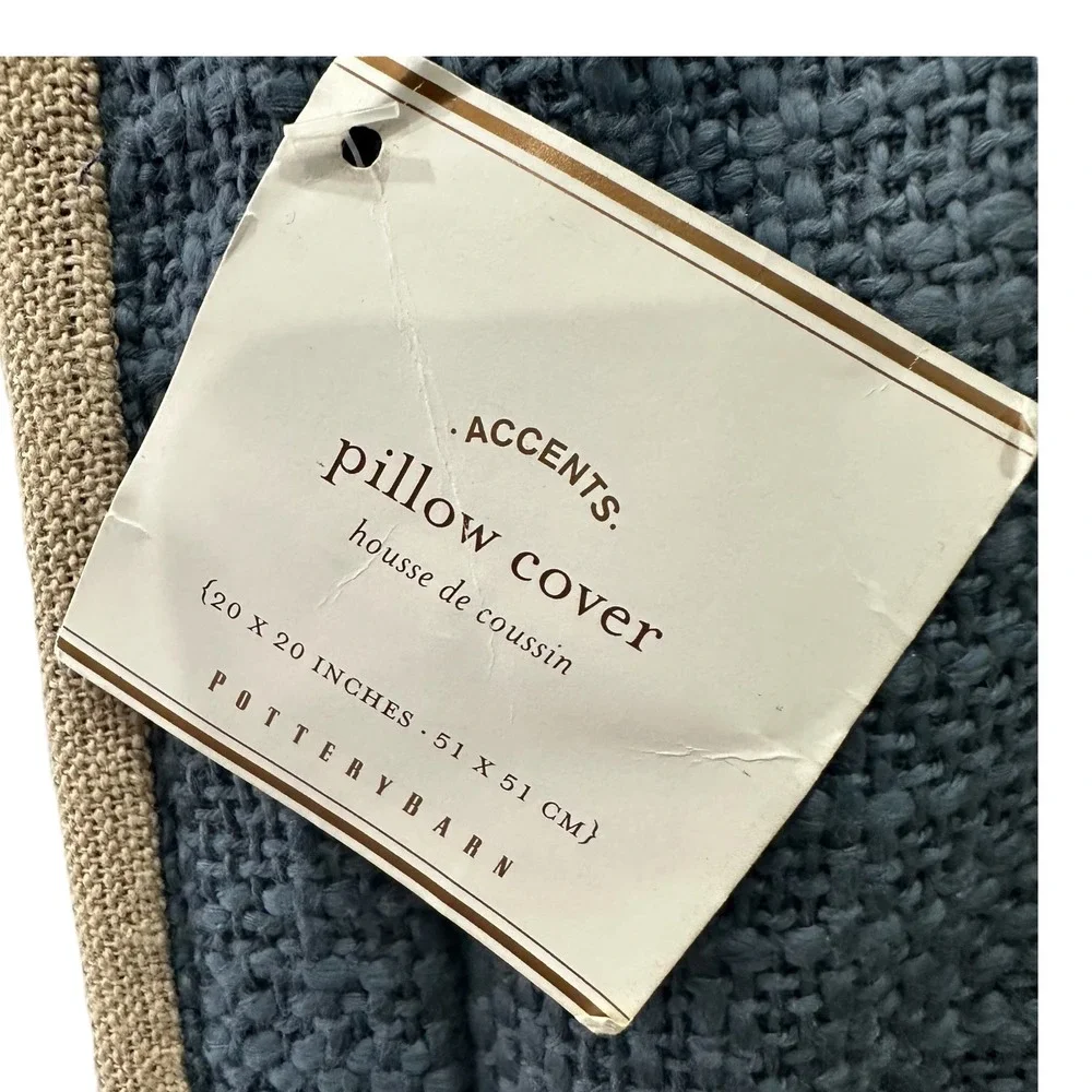 Pottery Barn Blue Cotton Basketweave Tan Flange Pillow Cover 20x20 NWT